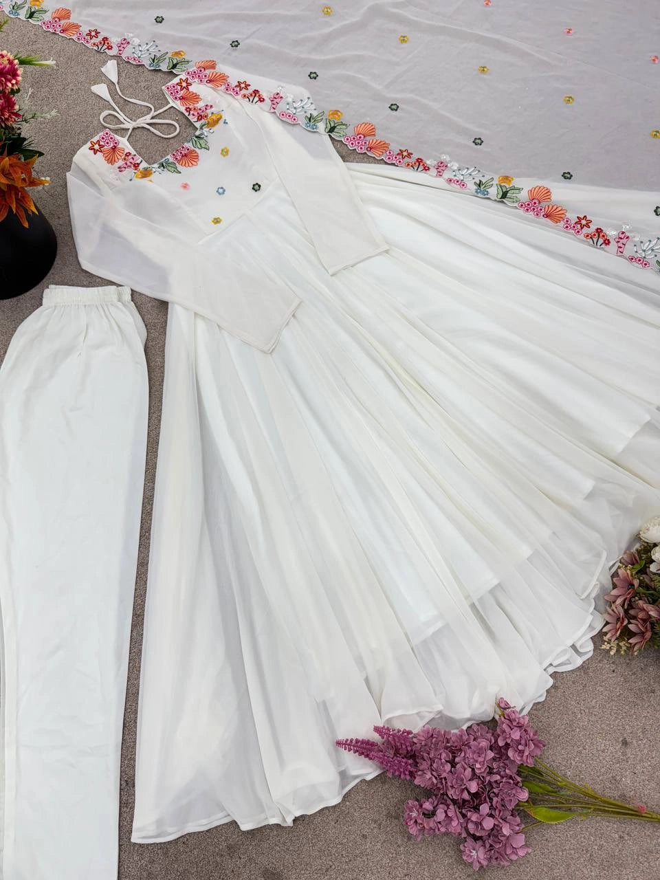 White Floral Embroidered Anarkali Suit flat lay or detail shot 58 – Kalyanja KU302